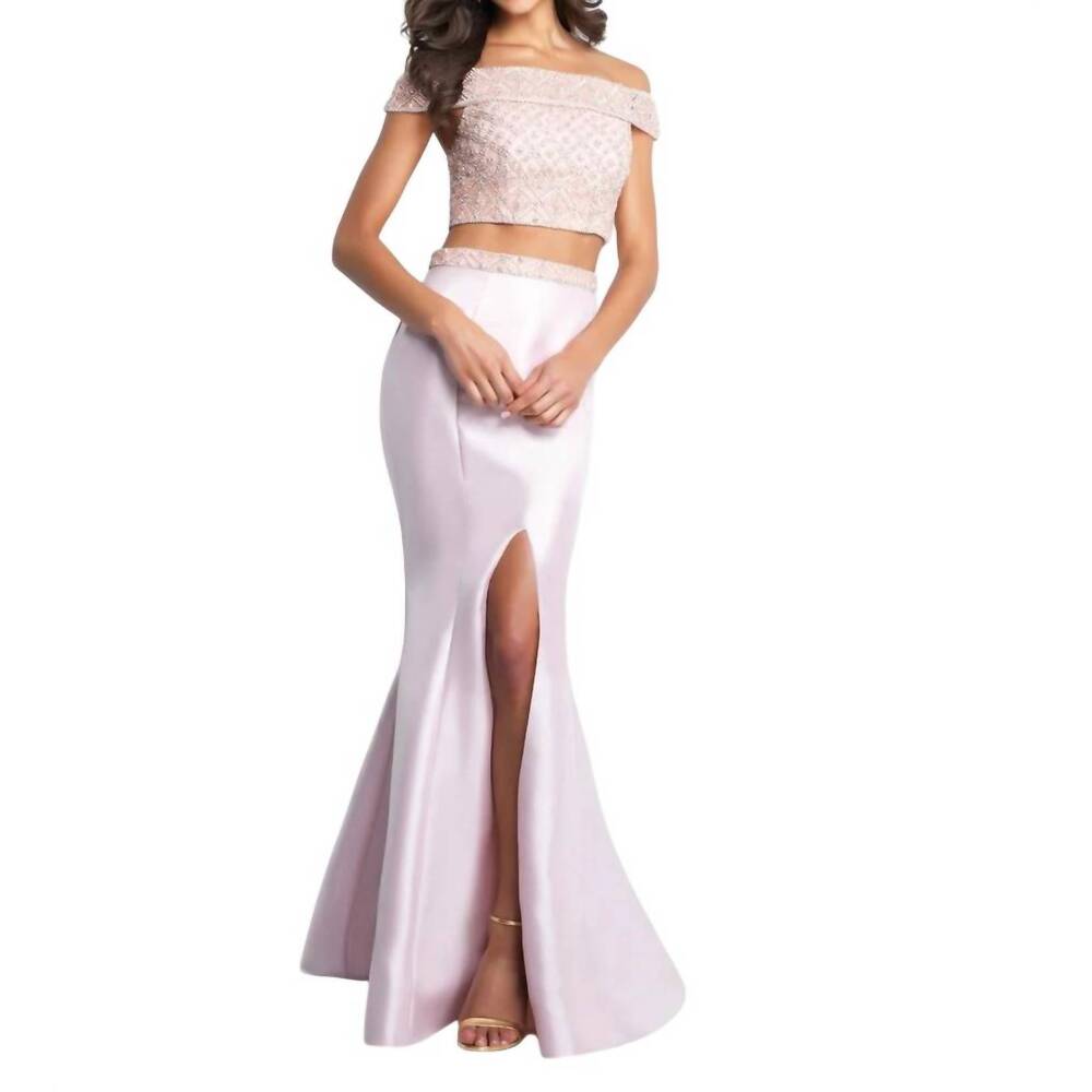 NEW BLUSH PROM beaded shimmer mikado two piece gown in blush